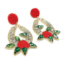 Load image into Gallery viewer, horseshoe Beaded Earrings, beaded horseshoe Earrings, horseshoe Earrings, derby Beaded Earrings, derby earrings, floral lover bead earrings, derby horseshoe beaded earrings, white floral earrings, Beaded earrings, silver horseshoe bead earrings, silver seed bead earrings, derby accessories, spring summer earrings, gifts for mom, Horseshoe earrings, best friend gifts, birthday gifts, Derby Silver earrings, flower beaded earrings, silver earrings accessory, Red rose earrings, Rose beaded earrings