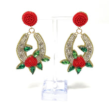 Load image into Gallery viewer, horseshoe Beaded Earrings, beaded horseshoe Earrings, horseshoe Earrings, derby Beaded Earrings, derby earrings, floral lover bead earrings, derby horseshoe beaded earrings, white floral earrings, Beaded earrings, silver horseshoe bead earrings, silver seed bead earrings, derby accessories, spring summer earrings, gifts for mom, Horseshoe earrings, best friend gifts, birthday gifts, Derby Silver earrings, flower beaded earrings, silver earrings accessory, Red rose earrings, Rose beaded earrings