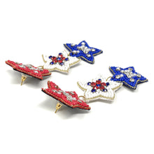 Load image into Gallery viewer, July 4th Earrings, USA Earrings, Fourth of July Earrings, Independence Day Jewelry, America Earrings, American Earrings, Patriot Earrings,USA Earrings, Patriotic, American Earrings, Star Beaded Earrings, Seed Bead Earrings, Stars & Stripes, freedom Patriotic Earrings, USA Start Earrings, 4th of July Star earrings, Star Fashion Earrings, Memorial Day Earrings, Stars Beaded, Fashion Statement, triple stars Dangle earrings, USA earrings, handmade earrings, Blue earrings, red white blue earrings