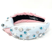 Load image into Gallery viewer, headband for women, gender reveal Knot headband, baby shower headbands, baby shower knotted headband, gender reveal top knot headband, blue pink top knot headband, Gender reveal knotted headband, Baby shower hair band, baby reveal knot headbands, Blue Pink color headband, statement headbands, top knotted headband, knotted headband, mom to be gifts, baby shower embellished headband, gemstone knot headband, luxury headband, embellished knot headband, jeweled knot headband, Gender reveal embellished headband