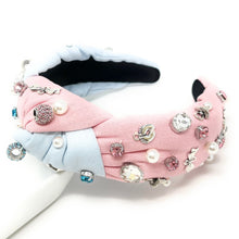 Load image into Gallery viewer, headband for women, gender reveal Knot headband, baby shower headbands, baby shower knotted headband, gender reveal top knot headband, blue pink top knot headband, Gender reveal knotted headband, Baby shower hair band, baby reveal knot headbands, Blue Pink color headband, statement headbands, top knotted headband, knotted headband, mom to be gifts, baby shower embellished headband, gemstone knot headband, luxury headband, embellished knot headband, jeweled knot headband, Gender reveal embellished headband