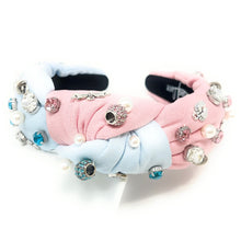 Load image into Gallery viewer, headband for women, gender reveal Knot headband, baby shower headbands, baby shower knotted headband, gender reveal top knot headband, blue pink top knot headband, Gender reveal knotted headband, Baby shower hair band, baby reveal knot headbands, Blue Pink color headband, statement headbands, top knotted headband, knotted headband, mom to be gifts, baby shower embellished headband, gemstone knot headband, luxury headband, embellished knot headband, jeweled knot headband, Gender reveal embellished headband