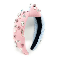 Load image into Gallery viewer, headband for women, gender reveal Knot headband, baby shower headbands, baby shower knotted headband, gender reveal top knot headband, blue pink top knot headband, Gender reveal knotted headband, Baby shower hair band, baby reveal knot headbands, Blue Pink color headband, statement headbands, top knotted headband, knotted headband, mom to be gifts, baby shower embellished headband, gemstone knot headband, luxury headband, embellished knot headband, jeweled knot headband, Gender reveal embellished headband