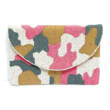 Load image into Gallery viewer, beaded clutch purse, beaded bag, birthday gift for her, summer clutch, seed bead purse, beaded bag, seed bead clutch, summer bag, clutch bag, engagement gift, bridal gift to bride, bridal gift, Fuchsia purse, gifts to bride, wedding gift, bride gifts, cross body purse, bride to be gift, engagement gift, bachelorette gifts, best friend gift, best selling item, party bag, summer purse, boho clutch, best friend gift, bridesmaid gift, Camo Pink beaded bag