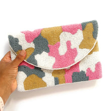 Load image into Gallery viewer, beaded clutch purse, beaded bag, birthday gift for her, summer clutch, seed bead purse, beaded bag, seed bead clutch, summer bag, clutch bag, engagement gift, bridal gift to bride, bridal gift, Fuchsia purse, gifts to bride, wedding gift, bride gifts, cross body purse, bride to be gift, engagement gift, bachelorette gifts, best friend gift, best selling item, party bag, summer purse, boho clutch, best friend gift, bridesmaid gift, Camo Pink beaded bag