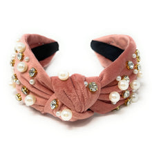 Load image into Gallery viewer, headbands for women, Wide headband, handmade headbands, top knotted headband, knotted headband, hair band for women, embellished headband, rhinestone headband, gemstone headband for women, luxury headband, jeweled headband for women, knotted jeweled headband, bling headband, embellished knot headband, luxury knot headband, pearly headbands, pearly rhinestone headband, fall hair accessories, fall headbands, winter headbands, velvet jeweled headband, embellished headband, best selling items