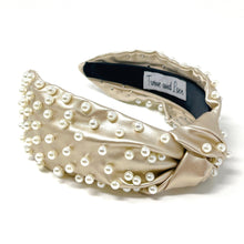 Load image into Gallery viewer, headband for women, vegan headbands, metallic knot headband, headbands for women, stylish headbands, headband style, top knot headband, woven top knot headband, head band, hair band, trendy headbands, top knotted headband, neutral headband, wide leather headbands, pu leather headbands, vegan top knotted headband, knotted headband, head band, hair band for women, statement headbands, twist knotted headband, pearly knot headband, leather headband, pearl headband, cluster pearl headband, shimmery headband