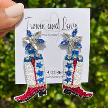 Load image into Gallery viewer, July 4th Earrings, USA  Earrings, Fourth of July Earrings, Independence Day Jewelry, America Earrings, American Earrings, Patriot Earrings, USA Flag Earrings, Flag Patriotic earrings, American Earrings, Star Beaded Earrings, Fourth of July Beaded Earrings, freedom Patriotic Earrings, USA Cowboy Boots Earrings, 4th of July earrings, Cowboy Fashion Earrings, Memorial Day Earrings, USA flag earrings, USA earrings, handmade earrings, Cowgirl USA earrings, red white blue earrings