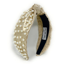 Load image into Gallery viewer, headband for women, vegan headbands, metallic knot headband, headbands for women, stylish headbands, headband style, top knot headband, woven top knot headband, head band, hair band, trendy headbands, top knotted headband, neutral headband, wide leather headbands, pu leather headbands, vegan top knotted headband, knotted headband, head band, hair band for women, statement headbands, twist knotted headband, pearly knot headband, leather headband, pearl headband, cluster pearl headband, shimmery headband