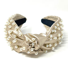 Load image into Gallery viewer, headband for women, vegan headbands, metallic knot headband, headbands for women, stylish headbands, headband style, top knot headband, woven top knot headband, head band, hair band, trendy headbands, top knotted headband, neutral headband, wide leather headbands, pu leather headbands, vegan top knotted headband, knotted headband, head band, hair band for women, statement headbands, twist knotted headband, pearly knot headband, leather headband, pearl headband, cluster pearl headband, shimmery headband