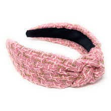 Load image into Gallery viewer, headbands for women, Wide headband, handmade headbands, top knotted headband, knotted headband, hair band for women, embellished headband, tweed headband, gemstone headband for women, luxury headband, tweed knot headband for women, knotted jeweled headband, bling headband, embellished knot headband, luxury knot headband, plaid tweed headband, tweed knotted headband, fall hair accessories, pink tweed, black tweed, winter headbands, plain jeweled headband, tweed plaid headband, tweed accessories