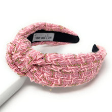 Load image into Gallery viewer, headbands for women, Wide headband, handmade headbands, top knotted headband, knotted headband, hair band for women, embellished headband, tweed headband, gemstone headband for women, luxury headband, tweed knot headband for women, knotted jeweled headband, bling headband, embellished knot headband, luxury knot headband, plaid tweed headband, tweed knotted headband, fall hair accessories, pink tweed, black tweed, winter headbands, plain jeweled headband, tweed plaid headband, tweed accessories