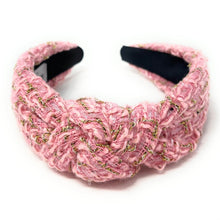 Load image into Gallery viewer, headbands for women, Wide headband, handmade headbands, top knotted headband, knotted headband, hair band for women, embellished headband, tweed headband, gemstone headband for women, luxury headband, tweed knot headband for women, knotted jeweled headband, bling headband, embellished knot headband, luxury knot headband, plaid tweed headband, tweed knotted headband, fall hair accessories, pink tweed, black tweed, winter headbands, plain jeweled headband, tweed plaid headband, tweed accessories