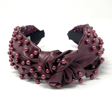 Load image into Gallery viewer, headband for women, fashion headbands, womens headband, headbands for women, stylish headbands, headband style, top knot headband, vegan top knot headband, head band, hair band, trendy headbands, top knotted headband, neutral headband, summer headbands, handmade headbands, top knotted headband, knotted headband, head band, hair band for women, statement headbands, Fall headbands, hair accessories, twist knotted headband, pearly knot headband, leather headband, pearl headband, cluster pearl headband