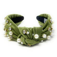 Load image into Gallery viewer, headbands for women, Wide headband, handmade headbands, top knotted headband, knotted headband, hair band for women, embellished headband, rhinestone headband, gemstone headband for women, luxury headband, jeweled headband for women, knotted jeweled headband, bling headband, embellished knot headband, luxury knot headband, pearly headbands, pearly rhinestone headband, fall hair accessories, fall headbands, winter headbands, velvet jeweled headband, embellished headband, best selling items