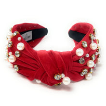 Load image into Gallery viewer, headbands for women, Wide headband, handmade headbands, top knotted headband, knotted headband, hair band for women, embellished headband, rhinestone headband, gemstone headband for women, luxury headband, jeweled headband for women, knotted jeweled headband, bling headband, embellished knot headband, luxury knot headband, pearly headbands, pearly rhinestone headband, fall hair accessories, fall headbands, winter headbands, velvet jeweled headband, embellished headband, best selling items