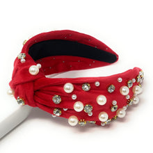 Load image into Gallery viewer, headbands for women, Wide headband, handmade headbands, top knotted headband, knotted headband, hair band for women, embellished headband, rhinestone headband, gemstone headband for women, luxury headband, jeweled headband for women, knotted jeweled headband, bling headband, embellished knot headband, luxury knot headband, pearly headbands, pearly rhinestone headband, fall hair accessories, fall headbands, winter headbands, velvet jeweled headband, embellished headband, best selling items