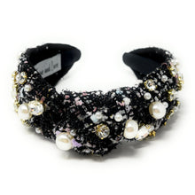 Load image into Gallery viewer, headbands for women, Wide headband, handmade headbands, top knotted headband, knotted headband,  tweed jeweled for women, embellished headband, tweed headband, gemstone headband for women, luxury headband, tweed knot headband for women, knotted jeweled headband, bling headband, embellished knot headband, luxury knot headband, plaid tweed headband, tweed knotted headband, fall hair accessories, pink tweed, black tweed, winter headbands, plain jeweled headband, tweed plaid headband, tweed accessories