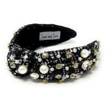 Load image into Gallery viewer, headbands for women, Wide headband, handmade headbands, top knotted headband, knotted headband,  tweed jeweled for women, embellished headband, tweed headband, gemstone headband for women, luxury headband, tweed knot headband for women, knotted jeweled headband, bling headband, embellished knot headband, luxury knot headband, plaid tweed headband, tweed knotted headband, fall hair accessories, pink tweed, black tweed, winter headbands, plain jeweled headband, tweed plaid headband, tweed accessories
