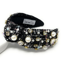 Load image into Gallery viewer, headbands for women, Wide headband, handmade headbands, top knotted headband, knotted headband,  tweed jeweled for women, embellished headband, tweed headband, gemstone headband for women, luxury headband, tweed knot headband for women, knotted jeweled headband, bling headband, embellished knot headband, luxury knot headband, plaid tweed headband, tweed knotted headband, fall hair accessories, pink tweed, black tweed, winter headbands, plain jeweled headband, tweed plaid headband, tweed accessories