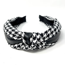 Load image into Gallery viewer, knotted headbands, headbands for women, top knot headband, pearl headband, best selling items, oversized headband, pearl knot headband, headbands for her, hair accessories, best seller, hairbands for women, houndstooth accessories, best friend gift, houndstooth headband, houndstooth print, black white headband, white black headband, black white hair accessories, black white accessories, black white headband, pearly headband, winter headband, fall headbands, black white headbands, houndstooth print headbands