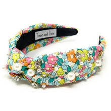 Load image into Gallery viewer, headbands for women, Wide knot headband, handmade headbands, top knotted headband, knotted headband, hair band for women, embellished headband, rhinestone headband, bejeweled floral headband, luxury headband, jeweled headband for women, knotted jeweled headband, bling headband, embellished knot headband, luxury knot headband, pearly headbands, pearly rhinestone headband, floral hair accessories, floral headbands, spring headbands, floral jeweled headband, embellished headband, best selling items