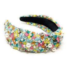 Load image into Gallery viewer, headbands for women, Wide knot headband, handmade headbands, top knotted headband, knotted headband, hair band for women, embellished headband, rhinestone headband, bejeweled floral headband, luxury headband, jeweled headband for women, knotted jeweled headband, bling headband, embellished knot headband, luxury knot headband, pearly headbands, pearly rhinestone headband, floral hair accessories, floral headbands, spring headbands, floral jeweled headband, embellished headband, best selling items