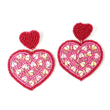 Load image into Gallery viewer, 
Hearts Beaded Earrings, red Heart Earrings, Valentines Day Earrings, Valentines Beaded Earrings, Seed Bead, Valentines Heart earrings, red earrings, red beaded earrings, confetti beaded earrings, Love beaded earrings, valentines beaded earrings, Hearts earrings, fuchsia hearts earrings, holiday gifts, holiday accessories, holiday beaded accessories, Holiday red accessories, Holiday Valentines earrings, Valentines Day gifts, best Selling items, fuchsia earrings, valentines day gifts for her