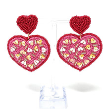 Load image into Gallery viewer,  Hearts Beaded Earrings, red Heart Earrings, Valentines Day Earrings, Valentines Beaded Earrings, Seed Bead, Valentines Heart earrings, red earrings, red beaded earrings, confetti beaded earrings, Love beaded earrings, valentines beaded earrings, Hearts earrings, fuchsia hearts earrings, holiday gifts, holiday accessories, holiday beaded accessories, Holiday red accessories, Holiday Valentines earrings, Valentines Day gifts, best Selling items, fuchsia earrings, valentines day gifts for her