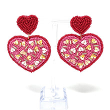 Load image into Gallery viewer, 
Hearts Beaded Earrings, red Heart Earrings, Valentines Day Earrings, Valentines Beaded Earrings, Seed Bead, Valentines Heart earrings, red earrings, red beaded earrings, confetti beaded earrings, Love beaded earrings, valentines beaded earrings, Hearts earrings, fuchsia hearts earrings, holiday gifts, holiday accessories, holiday beaded accessories, Holiday red accessories, Holiday Valentines earrings, Valentines Day gifts, best Selling items, fuchsia earrings, valentines day gifts for her