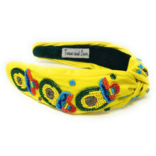 Load image into Gallery viewer, headband for women, avocado beaded Knot headband, bead headbands for women, birthday headbands, top knot headband, beaded top knot headband, Cinco de Mayo knot headband, Cinco de Mayo hair band, avocado knotted headband, avocado headband, statement headbands, Cinco de Mayo top knotted headband, knotted headband, party headbands, Cinco de Mayo headbands, avocado lover gifts, gemstone knot headband, luxury headband, Cinco de Mayo accessories, Cinco de Mayo jeweled knot headband,