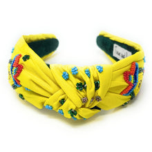 Load image into Gallery viewer, headband for women, avocado beaded Knot headband, bead headbands for women, birthday headbands, top knot headband, beaded top knot headband, Cinco de Mayo knot headband, Cinco de Mayo hair band, avocado knotted headband, avocado headband, statement headbands, Cinco de Mayo top knotted headband, knotted headband, party headbands, Cinco de Mayo headbands, avocado lover gifts, gemstone knot headband, luxury headband, Cinco de Mayo accessories, Cinco de Mayo jeweled knot headband,