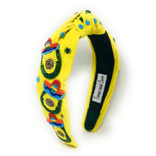 Load image into Gallery viewer, headband for women, avocado beaded Knot headband, bead headbands for women, birthday headbands, top knot headband, beaded top knot headband, Cinco de Mayo knot headband, Cinco de Mayo hair band, avocado knotted headband, avocado headband, statement headbands, Cinco de Mayo top knotted headband, knotted headband, party headbands, Cinco de Mayo headbands, avocado lover gifts, gemstone knot headband, luxury headband, Cinco de Mayo accessories, Cinco de Mayo jeweled knot headband,