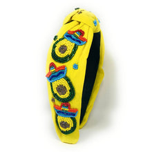 Load image into Gallery viewer, headband for women, avocado beaded Knot headband, bead headbands for women, birthday headbands, top knot headband, beaded top knot headband, Cinco de Mayo knot headband, Cinco de Mayo hair band, avocado knotted headband, avocado headband, statement headbands, Cinco de Mayo top knotted headband, knotted headband, party headbands, Cinco de Mayo headbands, avocado lover gifts, gemstone knot headband, luxury headband, Cinco de Mayo accessories, Cinco de Mayo jeweled knot headband,