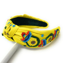 Load image into Gallery viewer, headband for women, avocado beaded Knot headband, bead headbands for women, birthday headbands, top knot headband, beaded top knot headband, Cinco de Mayo knot headband, Cinco de Mayo hair band, avocado knotted headband, avocado headband, statement headbands, Cinco de Mayo top knotted headband, knotted headband, party headbands, Cinco de Mayo headbands, avocado lover gifts, gemstone knot headband, luxury headband, Cinco de Mayo accessories, Cinco de Mayo jeweled knot headband,