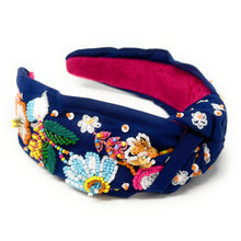 Load image into Gallery viewer, headband for women, beaded Knotted headband, bead headbands for women, birthday headbands, top knot headband, beaded top knot headband, floral knot headband, multicolor hair band, flowers headbands, multi color headband, statement headbands, top knotted headband, knotted headband, party headbands, Spring knot headband, Spring headbands, Floral embellished headband, gemstone knot headband, luxury headband, hand bead knot headband, jeweled knot headband, Hand beaded headband, hand sewn headband