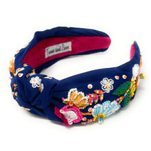 Load image into Gallery viewer, headband for women, beaded Knotted headband, bead headbands for women, birthday headbands, top knot headband, beaded top knot headband, floral knot headband, multicolor hair band, flowers headbands, multi color headband, statement headbands, top knotted headband, knotted headband, party headbands, Spring knot headband, Spring headbands, Floral embellished headband, gemstone knot headband, luxury headband, hand bead knot headband, jeweled knot headband, Hand beaded headband, hand sewn headband