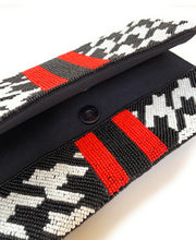 Load image into Gallery viewer, beaded clutch purse, beaded bag, birthday gift for her, summer clutch, seed bead purse, beaded bag, seed bead clutch, summer bag, clutch bag, engagement gift, bridal gift to bride, bridal gift, Fuchsia purse, gifts to bride, wedding gift, bride gifts, cross body purse, bride to be gift, engagement gift, bachelorette gifts, best friend gift, best selling item, party bag, fall purse, best friend gift, bridesmaid gift, bachelorette gift, houndstooth print beaded clutch purse, red stripes crossbody purse