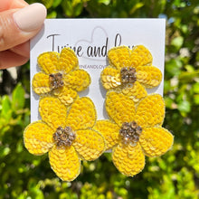 Load image into Gallery viewer, floral Beaded Earrings, beaded YELLOW Earrings, Yellow floral Earrings, yellow love Beaded Earrings, Yellow flower earrings, floral lover bead earrings, daisy beaded earrings, yellow floral earrings, Beaded earrings, yellow Love bead earrings, yellow seed bead earrings, floral accessories, spring summer accessories, spring summer earrings, gifts for mom, best friend gifts, birthday gifts, flower earrings, flower beaded earrings, floral earrings accessory, yellow earrings, sequin earrings