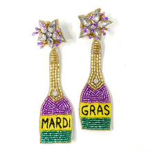 Load image into Gallery viewer, earrings for women, Gold Purple earrings, beaded earrings, Mardi Gras earrings, NOLA earrings, Mardi earrings, Purple earrings, Champagne bottle earrings, trendy earrings, party earrings, New Orleans party earrings, Mardi gras party earrings, holiday earrings, luxury earrings, Mardi gras accessories, Mardi Gras gifts, Mardi Gras New Orleans earrings, custom earrings, handmade earrings, Mardi Gras beaded earrings, Mardi Gras accessories, boho earrings, custom earrings, best selling items