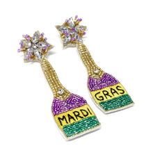 Load image into Gallery viewer, earrings for women, Gold Purple earrings, beaded earrings, Mardi Gras earrings, NOLA earrings, Mardi earrings, Purple earrings, Champagne bottle earrings, trendy earrings, party earrings, New Orleans party earrings, Mardi gras party earrings, holiday earrings, luxury earrings, Mardi gras accessories, Mardi Gras gifts, Mardi Gras New Orleans earrings, custom earrings, handmade earrings, Mardi Gras beaded earrings, Mardi Gras accessories, boho earrings, custom earrings, best selling items
