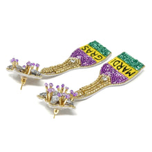Load image into Gallery viewer, earrings for women, Gold Purple earrings, beaded earrings, Mardi Gras earrings, NOLA earrings, Mardi earrings, Purple earrings, Champagne bottle earrings, trendy earrings, party earrings, New Orleans party earrings, Mardi gras party earrings, holiday earrings, luxury earrings, Mardi gras accessories, Mardi Gras gifts, Mardi Gras New Orleans earrings, custom earrings, handmade earrings, Mardi Gras beaded earrings, Mardi Gras accessories, boho earrings, custom earrings, best selling items