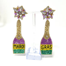 Load image into Gallery viewer, earrings for women, Gold Purple earrings, beaded earrings, Mardi Gras earrings, NOLA earrings, Mardi earrings, Purple earrings, Champagne bottle earrings, trendy earrings, party earrings, New Orleans party earrings, Mardi gras party earrings, holiday earrings, beaded purple earrings, luxury earrings, Mardi gras accessories, Mardi Gras gifts, Mardi Gras New Orleans earrings