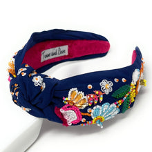 Load image into Gallery viewer, headband for women, beaded Knotted headband, bead headbands for women, birthday headbands, top knot headband, beaded top knot headband, floral knot headband, multicolor hair band, flowers headbands, multi color headband, statement headbands, top knotted headband, knotted headband, party headbands, Spring knot headband, Spring headbands, Floral embellished headband, gemstone knot headband, luxury headband, hand bead knot headband, jeweled knot headband, Hand beaded headband, hand sewn headband