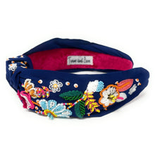 Load image into Gallery viewer, headband for women, beaded Knotted headband, bead headbands for women, birthday headbands, top knot headband, beaded top knot headband, floral knot headband, multicolor hair band, flowers headbands, multi color headband, statement headbands, top knotted headband, knotted headband, party headbands, Spring knot headband, Spring headbands, Floral embellished headband, gemstone knot headband, luxury headband, hand bead knot headband, jeweled knot headband, Hand beaded headband, hand sewn headband
