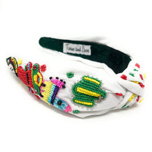 Load image into Gallery viewer, headband for women, succulent beaded Knot headband, bead headbands for women, birthday headbands, top knot headband, beaded top knot headband, Cinco de Mayo knot headband, Cinco de Mayo hair band, Cactus knotted headband, Cactus headband, statement headbands, Cinco de Mayo top knotted headband, knotted headband, party headbands, Cactus knot headband, Cinco de Mayo headbands, star embellished headband, gemstone knot headband, luxury headband, Cinco de Mayo accessories, Cinco de Mayo jeweled knot headband,