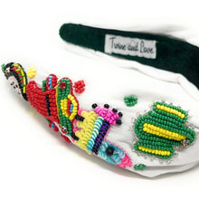 Load image into Gallery viewer, headband for women, succulent beaded Knot headband, bead headbands for women, birthday headbands, top knot headband, beaded top knot headband, Cinco de Mayo knot headband, Cinco de Mayo hair band, Cactus knotted headband, Cactus headband, statement headbands, Cinco de Mayo top knotted headband, knotted headband, party headbands, Cactus knot headband, Cinco de Mayo headbands, star embellished headband, gemstone knot headband, luxury headband, Cinco de Mayo accessories, Cinco de Mayo jeweled knot headband,