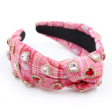Load image into Gallery viewer, VALENTINES Jeweled Headband, Heart Headbands for Women, Heart Jeweled Knot Headband, Jeweled Knot Headbands, Valentines Day Knotted Headband, knotted headband, birthday gift for her, headbands for women, best selling items, knotted headbands, hair accessories, pink knot headband, valentine headband, valentines headband, valentines day gifts, embellished headband, heart stud headband, red headband, red hearts headband, heart headband for women and girls, bling headband, hearts knot headband, Pink headband