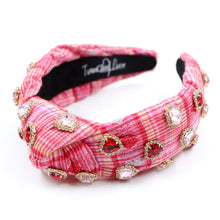 Load image into Gallery viewer, VALENTINES Jeweled Headband, Heart Headbands for Women, Heart Jeweled Knot Headband, Jeweled Knot Headbands, Valentines Day Knotted Headband, knotted headband, birthday gift for her, headbands for women, best selling items, knotted headbands, hair accessories, pink knot headband, valentine headband, valentines headband, valentines day gifts, embellished headband, heart stud headband, red headband, red hearts headband, heart headband for women and girls, bling headband, hearts knot headband, Pink headband