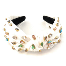 Load image into Gallery viewer, headband for women, womens headband, headbands for women, stylish headbands, headband style, top knot headband, woven top knot headband, head band, hair band, trendy headbands, top knotted headband, handmade headbands, top knotted headband, knotted headband, headband, hair band for women, trendy headband, fashion headbands, embellished headband, rhinestone headband, gemstone headband for women, luxury headband, jeweled headband for women, pink jeweled headband, jeweled knot headband, summer headbands